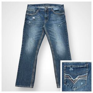 Axe & Crown Mens 36x32 (38x31) Blue Jean Slim Fit Straight Thick Stitch Distress